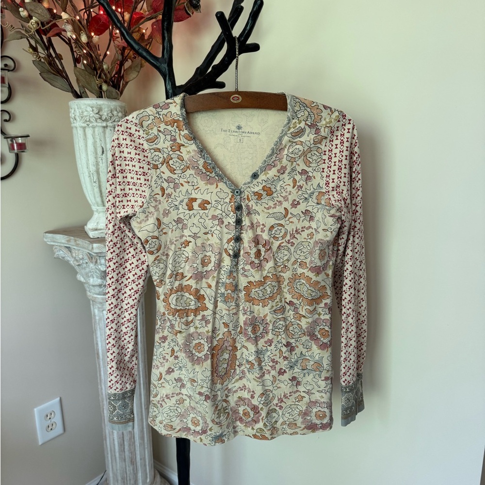The Territory Ahead Floral Henley Long Sleeve Top - Cream & Terracotta